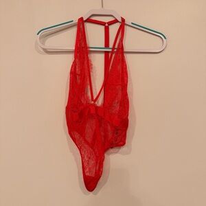 Victorias Secret V-Neck Red Lace Bodysuit